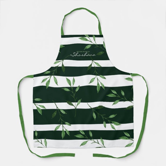 Bold Striped Watercolor Leaves Personalized  Apron (Front)