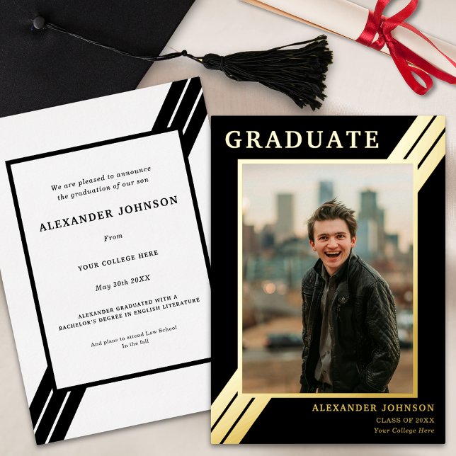 Bold Stripes Graduate Photo Black and Gold (Stylish graduate photo bold black and gold foil stripes modern Graduation announcement card)