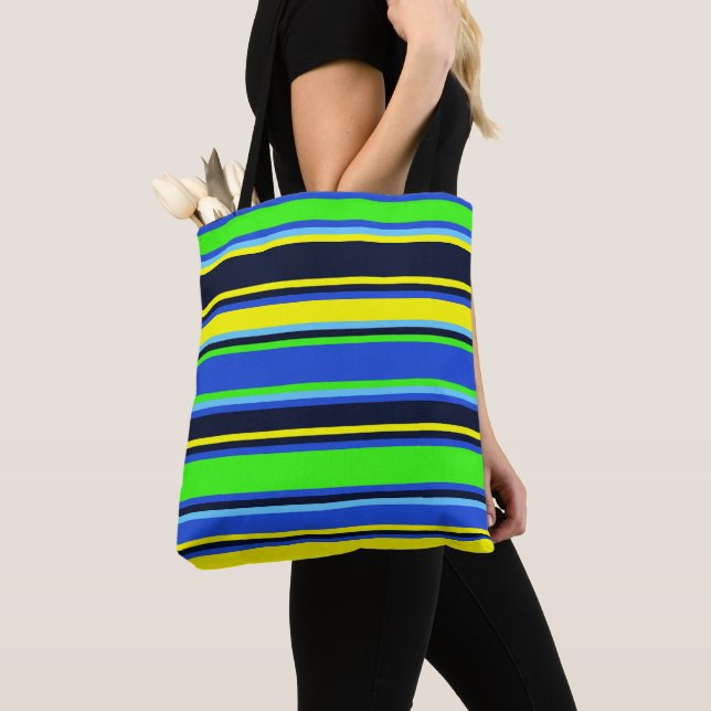 Bold Stripes in Lime, Blue, & Yellow Tote Bag (Close Up)