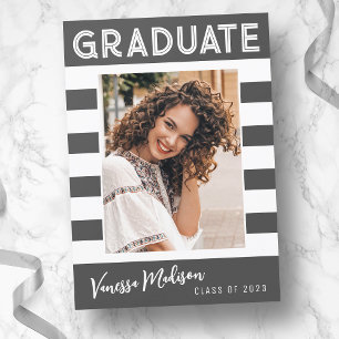 Bold Stripes Simple Retro Graduate Photo Grey Announcement