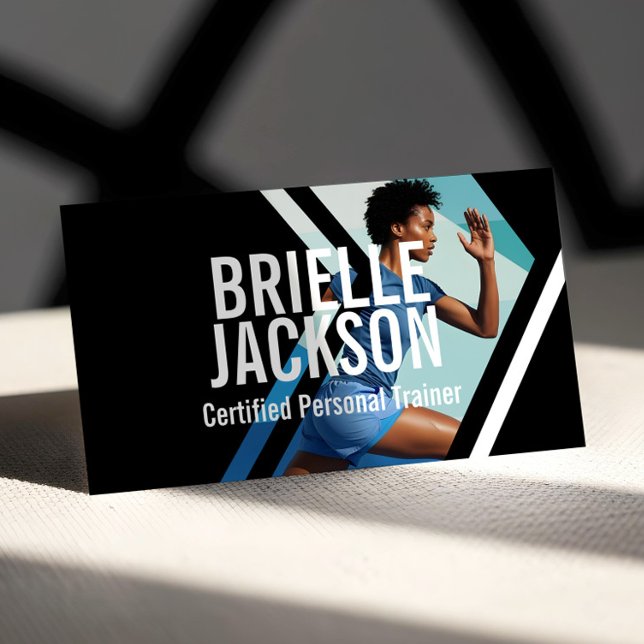 Bold Strong Modern Personal Trainer Fitness Photo Business Card (Bold Geometrical Photo Personal Trainer Fitness Business Card (Front))