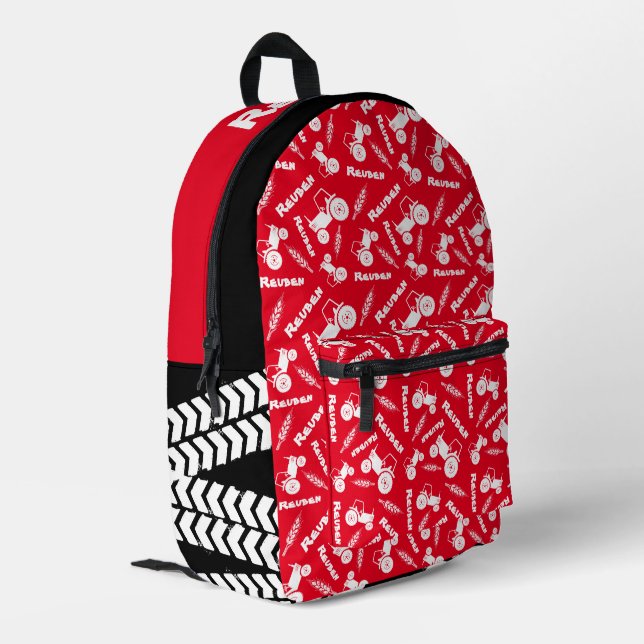 Bold stylised tractor graphic wheat name red printed backpack (Back Corner Left)