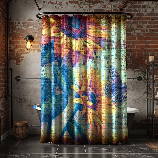 Bold Sunflower Butterfly Rustic Ephemeral Shower Curtain (Creator Uploaded)