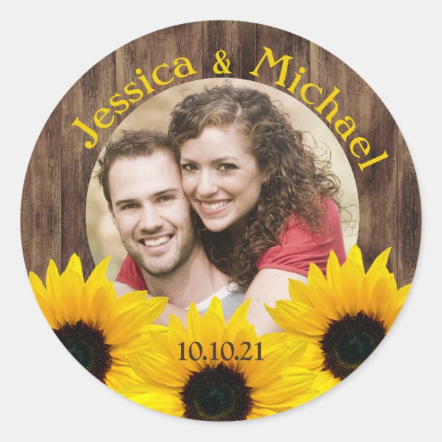 Bold Sunflower Wood Photo Wedding Save the Date Classic Round Sticker (Front)