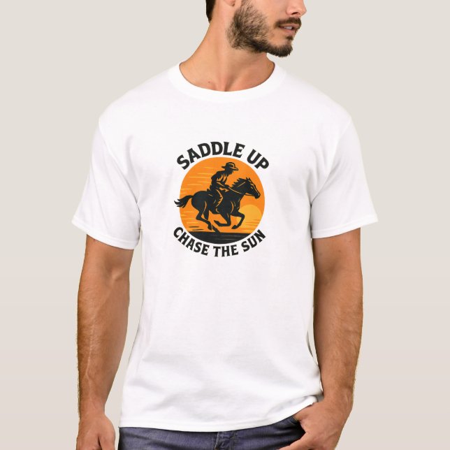 Bold Sunset Cowboy Chase Design T-Shirt (Front)