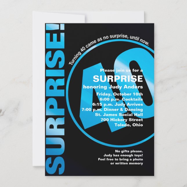 Bold Surprise Birthday Invitation - Blue 40th (Front)