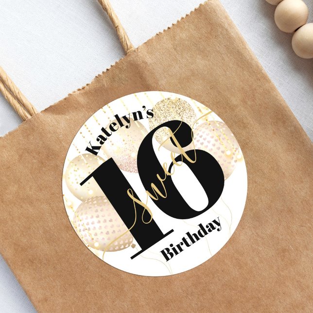 Bold Sweet 16 Birthday Gold Girly Balloons White Classic Round Sticker (Creator Uploaded)