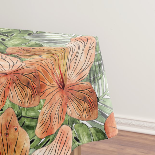 Bold Tangerine Tropical Floral Watercolor Graphic Tablecloth (In Situ)