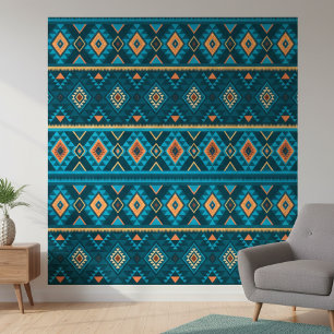 Bold Teal and Orange Aztec Geometric Tribal Patter Wallpaper