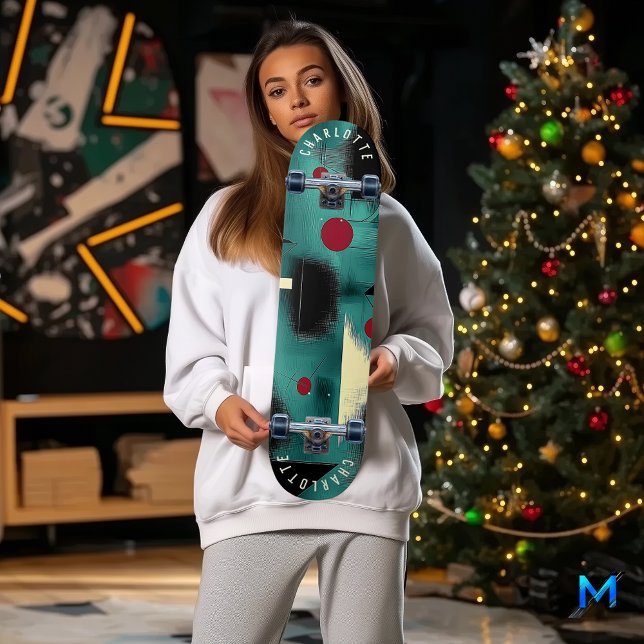 Bold Teal and Red Geometric Abstract Skateboard (Creator Uploaded)