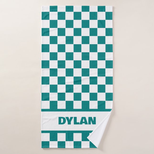 Bold Teal Chequerboard Bath Towel (Bath Towel)
