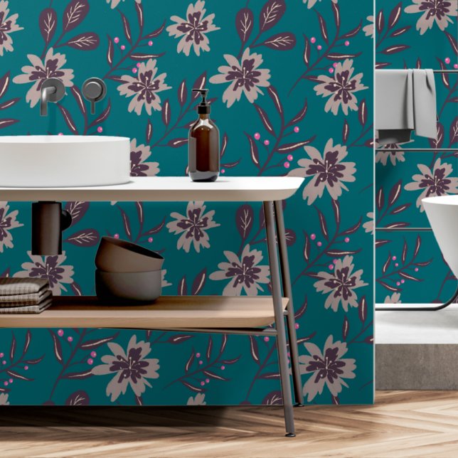Bold Teal Floral Pattern Removable Wallpaper (Creator Uploaded)