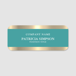 Bold Teal Green And Luxury Metallic Golden Borders Name Tag