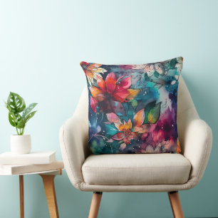 Bold Teal Orange Watercolor Flowers Cushion