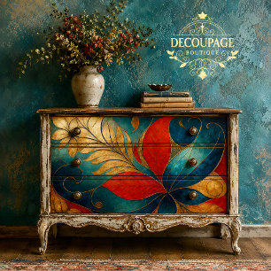 Bold Teal Red Floral Decoupage Tissue Paper