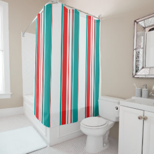 Bold Teal Red Stripe Shower Curtain