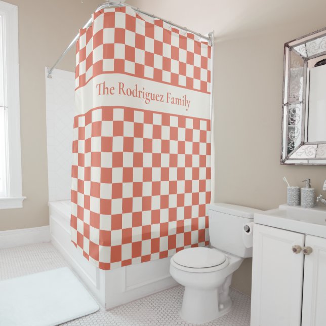 Bold Terracotta Cream Chequered Pattern with Name Shower Curtain (In Situ)