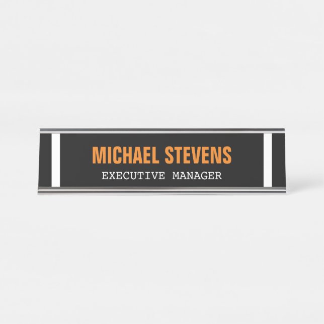 Bold Text Black White Orange Stylish Professional Desk Name Plate (Front)