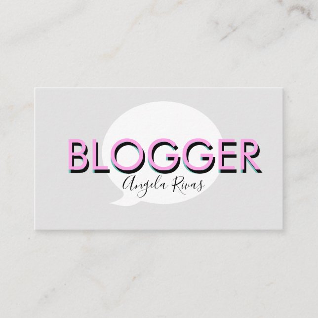 Bold Text Blogger Grey Pink Business Card (Front)