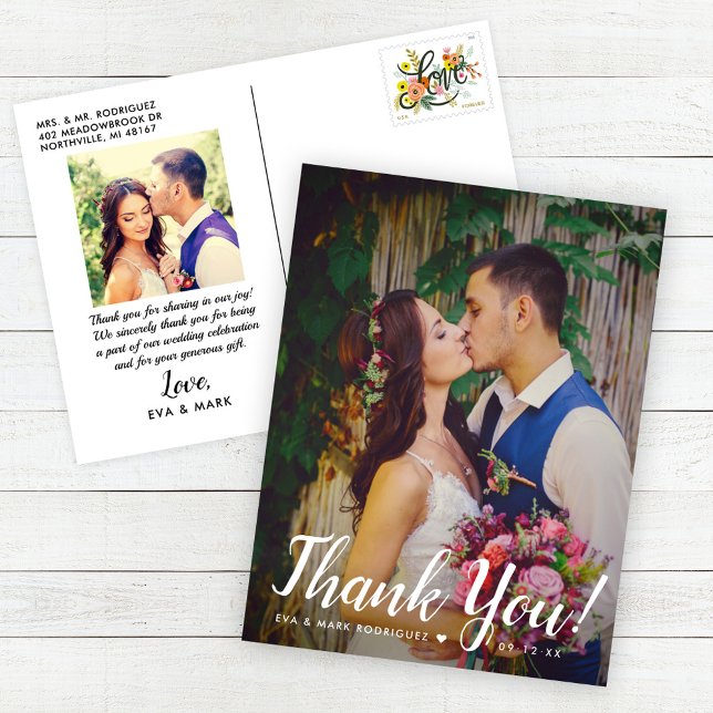 Bold Thank You Wedding Photo Portrait Postcard (Creator Uploaded)