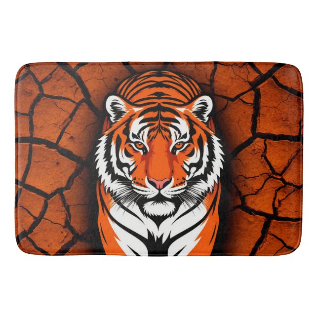 Bold Tiger on Cracked Earth Backgroun Bath Mat (Front)