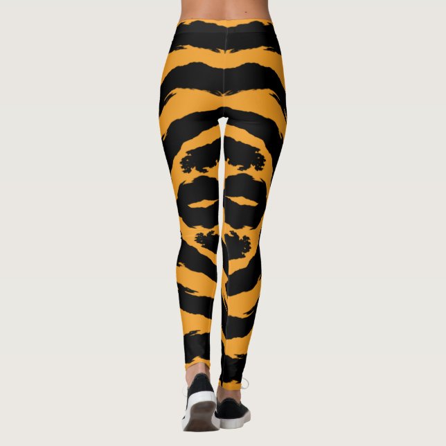 Bold Tiger Stripe Pattern Black Orange Animal Skin Leggings (Back)