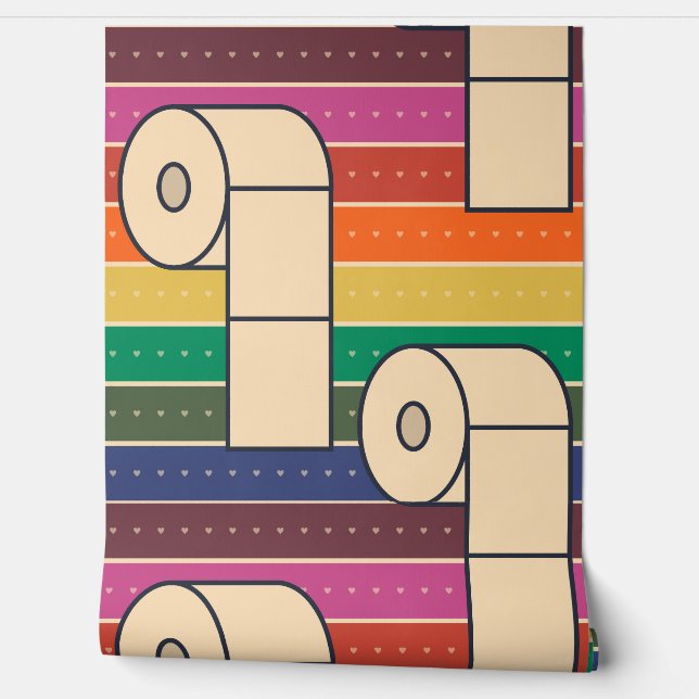 Bold toilet rolls on rainbow stripes wallpaper (Unrolling)