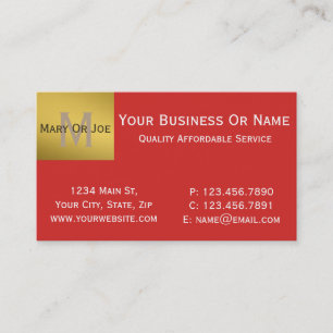 Bold Tomato Red and White Text, Gold Monogrammed Business Card