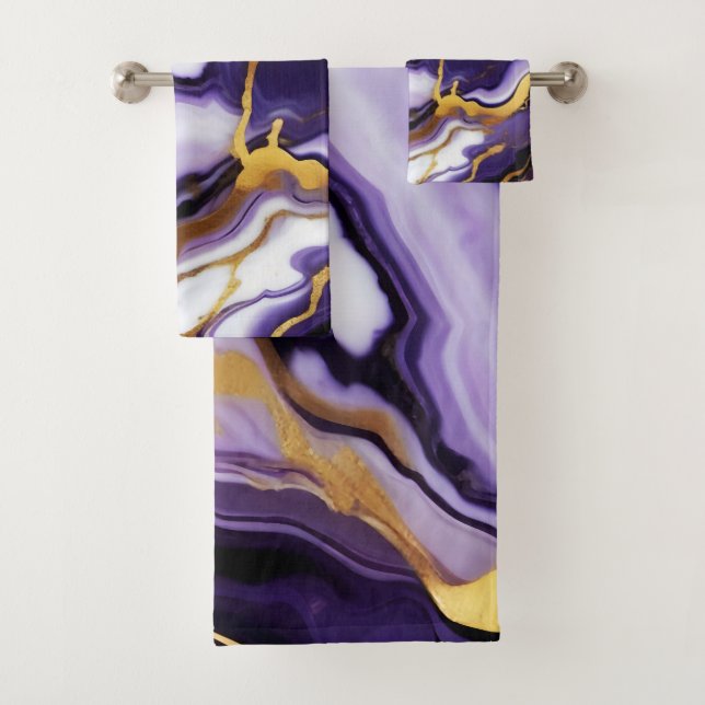 Bold Trendy purple yellow Gold faux marble Bath Towel Set (Insitu)