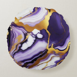Bold Trendy purple yellow Gold faux marble Round Cushion