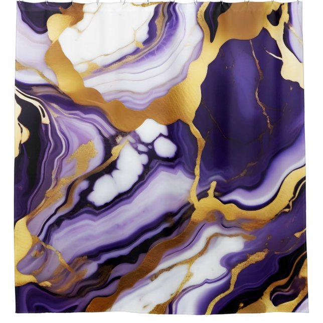 Bold Trendy purple yellow Gold faux marble Shower Curtain (Front)