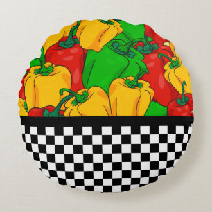 Bold Tri Coloured Peppers and Chequerboard Round Cushion