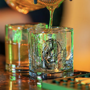 Bold Tribal Dragon Black Line Art Fantasy Tattoo Whiskey Glass