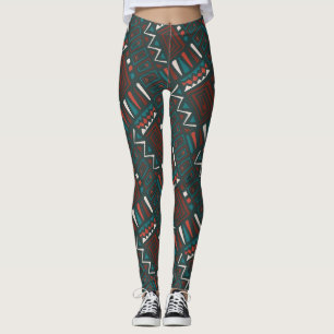 Bold Tribal Geometric Pattern in Red, Teal, White Leggings