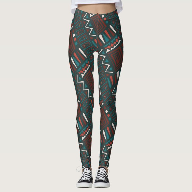 Bold Tribal Geometric Pattern in Red, Teal, White Leggings (Front)