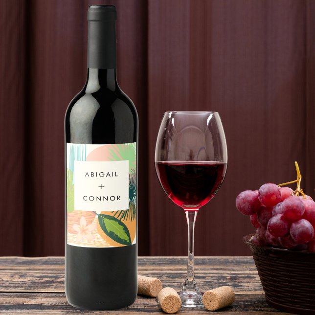 Bold Tropical Abstract Coral Teal Wedding Wine Label (Creator Uploaded)