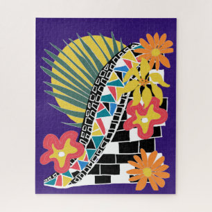 Bold Tropical Floral Black White Mosaic on Indigo Jigsaw Puzzle
