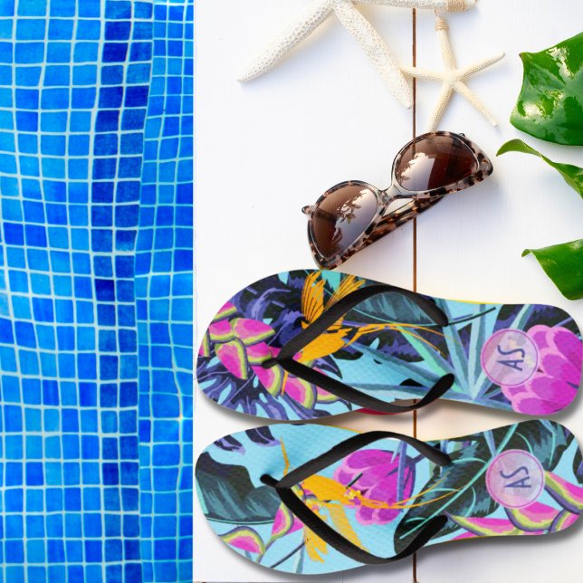 Bold Tropical Foliage Pattern with Hummingbird Jandals (Monogram Bold Tropical Foliage Flip Flops)