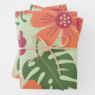 Bold Tropical Hibiscus & Monstera Leaf  Wrapping Paper Sheet