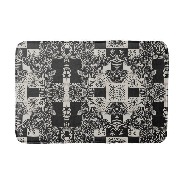 Bold Tropical Monochrome Floral Pattern Bath Mat (Front)