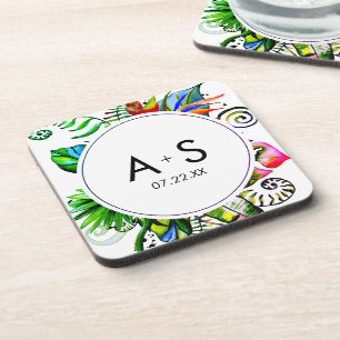 Bold Tropical Palm Leaf Wreath Wedding Monogram Coaster