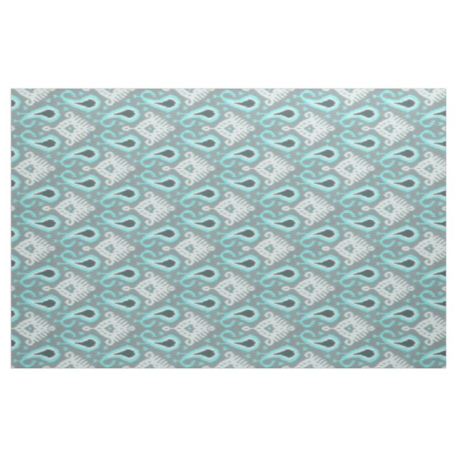 Bold Turquoise Blue Grey Ikat Tribal Art Pattern Fabric (Fat Quarter)