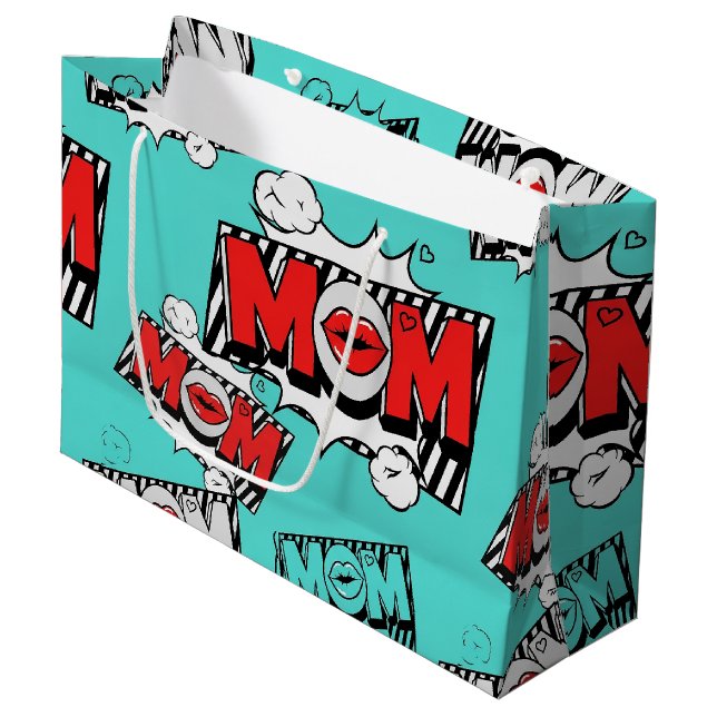 Bold Turquoise Comic MOM Graphic Pattern Large Gift Bag (Front Angled)