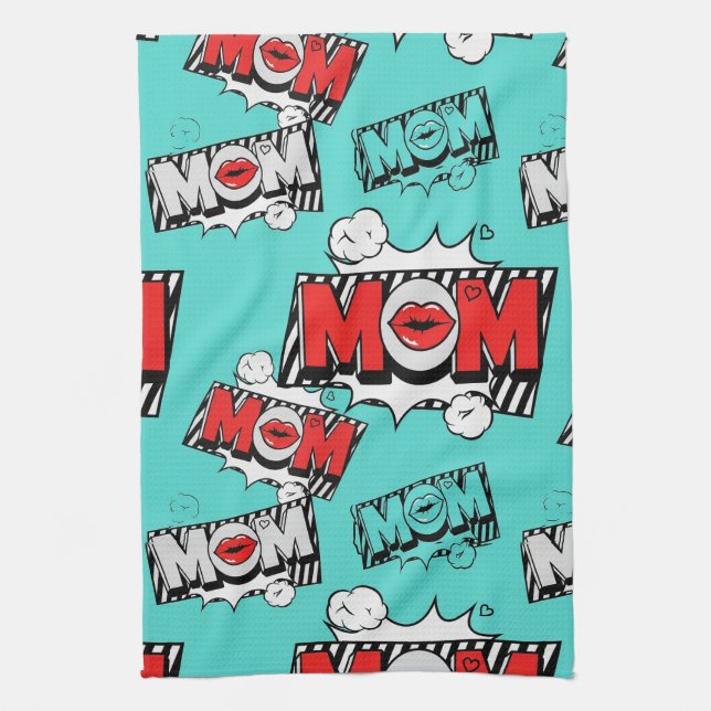 Bold Turquoise Comic MOM Graphic Pattern Tea Towel (Vertical)