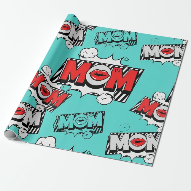 Bold Turquoise Comic MOM Graphic Pattern Wrapping Paper (Unrolled)