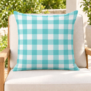 Bold Turquoise White Gingham Plaid Check Cushion