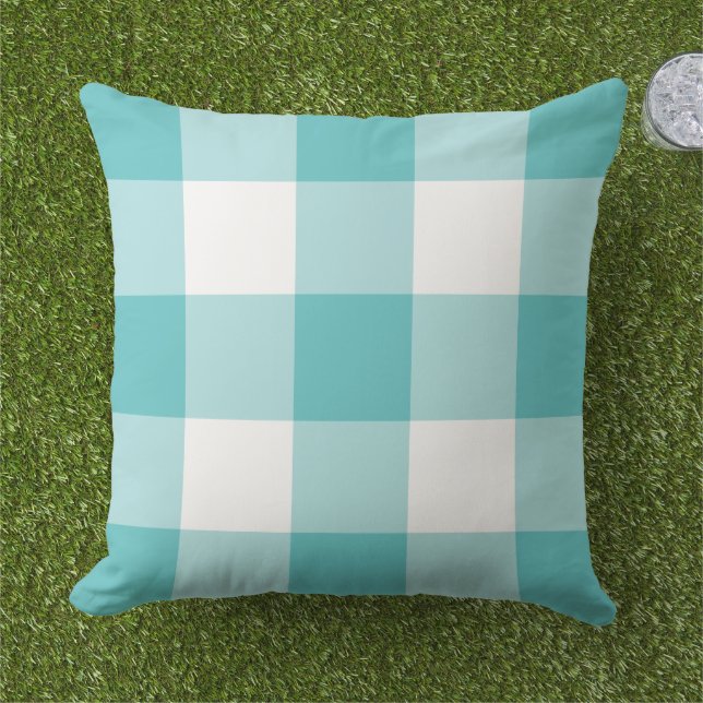 Bold Turquoise White Large Gingham Check Cushion (Grass)