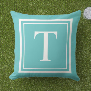 Bold Turquoise White Square Frame Monogram Cushion