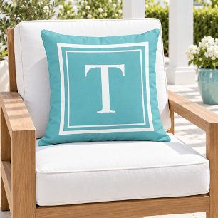 Bold Turquoise White Square Frame Monogram Cushion