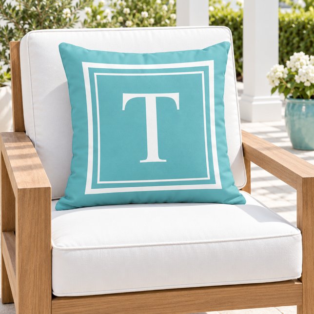 Bold Turquoise White Square Frame Monogram Cushion (Creator Uploaded)